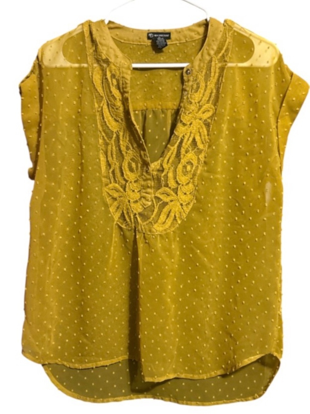New Directions Sheer Swiss Dot Mustard Embroidered V-Neck Button Up Blouse